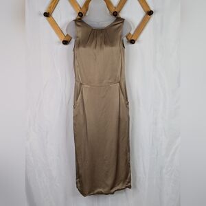 St. John Couture Satin Sleeveless Taupe Sheath Dress Size 4